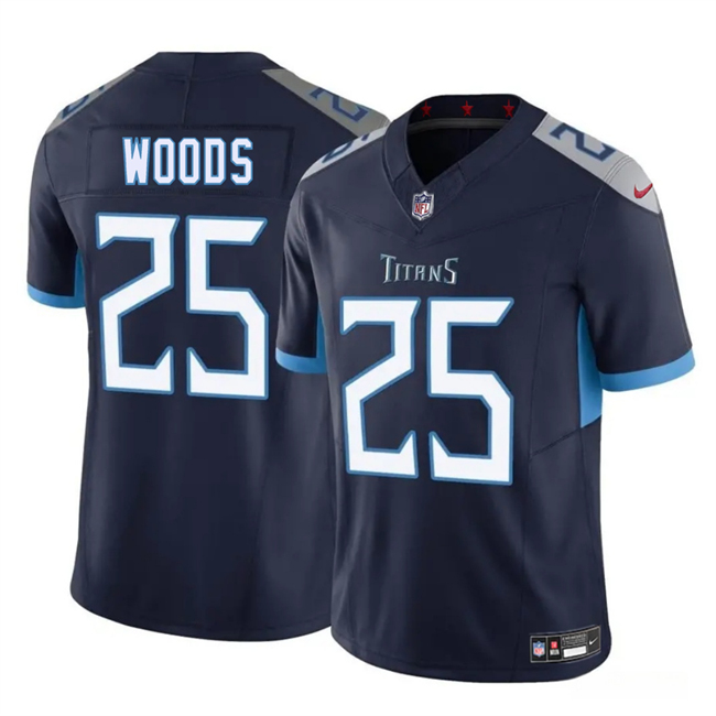 Men's Navy Tennessee Titans #25 Xavier Woods 2025 F.U.S.E. Vapor Limited Stitched Football Jersey